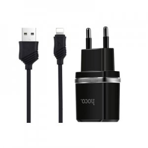 Cestovná nabíjačka HOCO C12 2xUSB 2,4A + kábel iPhone 5, 6, 7, 8, X čierna