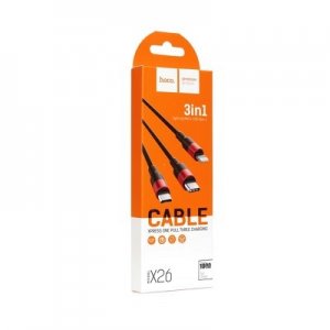Datový kabel HOCO X26, 3v1 Micro USB, USB Typ C, Lightning, barva černá/červená