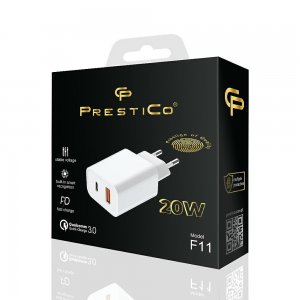 Cestovná nabíjačka Prestico F11, 1x USB, 1x USB Type C, PD 20W QC 3.0, biela