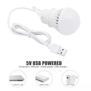 USB LED žárovka Teplé bílé světlo 350 lm 5W, kabel 1M, bílá