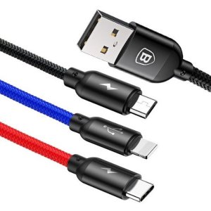 Datový kabel 3v1 Baseus (CAMLT-BSY01), USB A na USB C, Micro USB, Lightning, délka 0,3m, barva černá